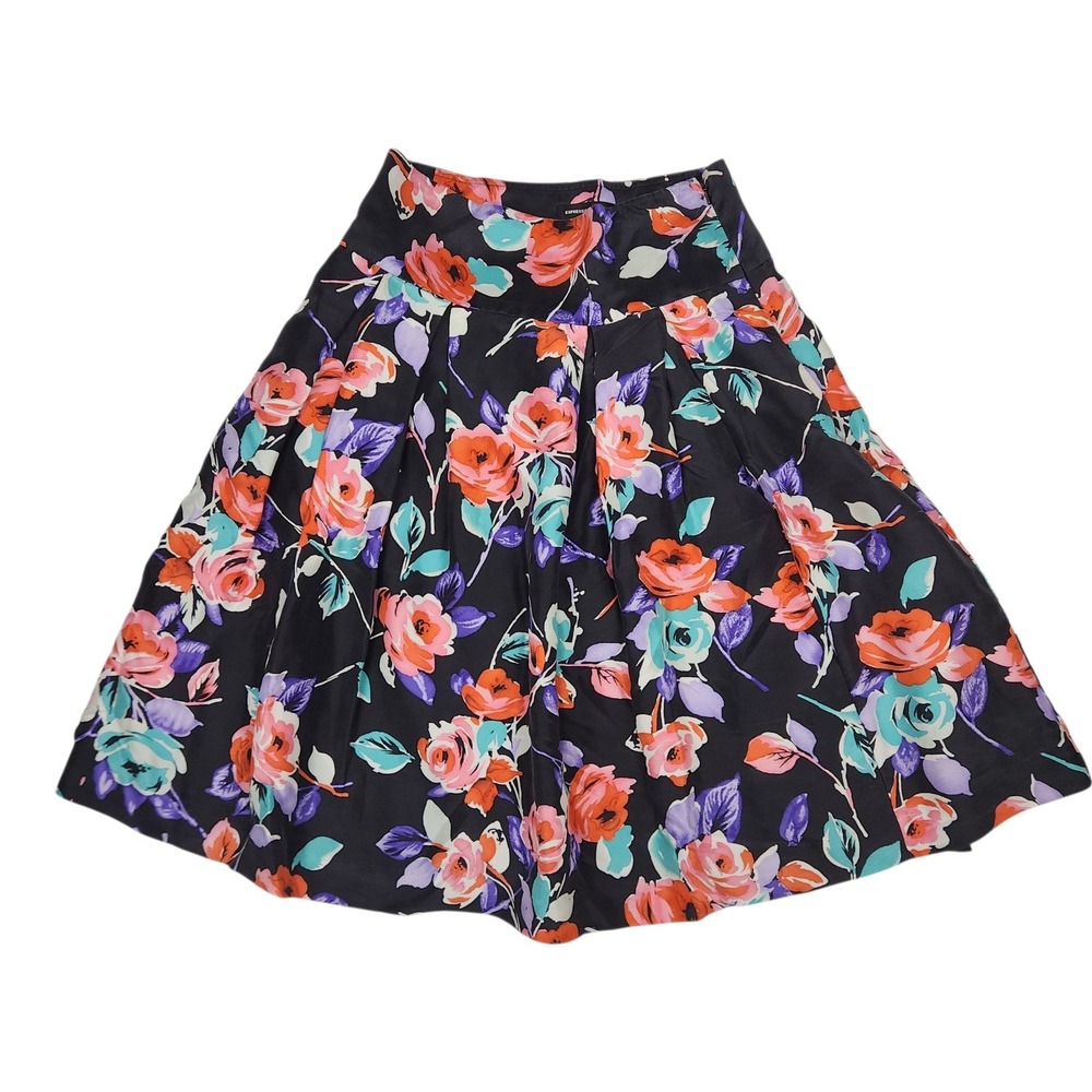 Express Design Studio Silk Floral Pleated Midi Skirt 4 Black Multi Garden Party